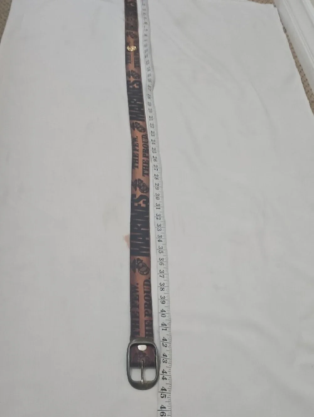 Vintage Tan Leather Men's Belt with Embossed Text and Brass Accent